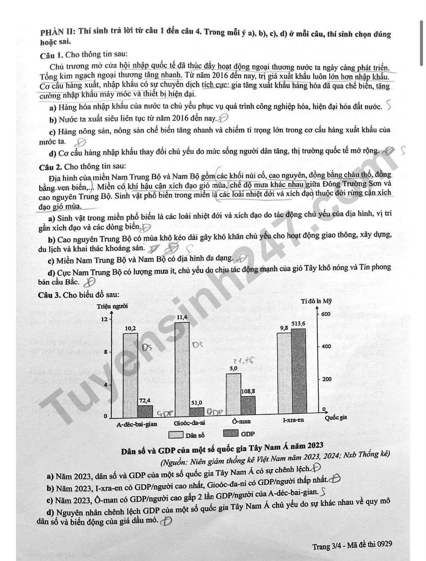 Dap an de thi tot nghiep THPT 2026 mon Dia - Ma de 0929
