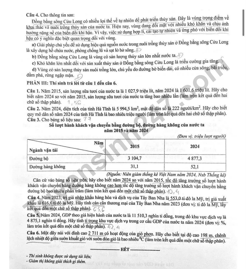 Dap an de thi tot nghiep THPT 2026 mon Dia - Ma de 0929
