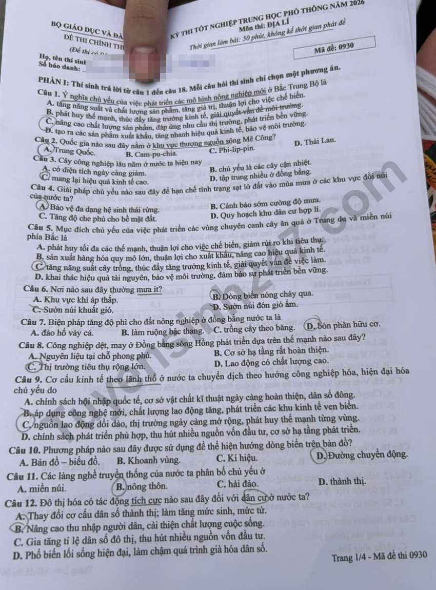 Day du dap an de thi mon Dia tot nghiep THPT 2026 - Ma de 0930