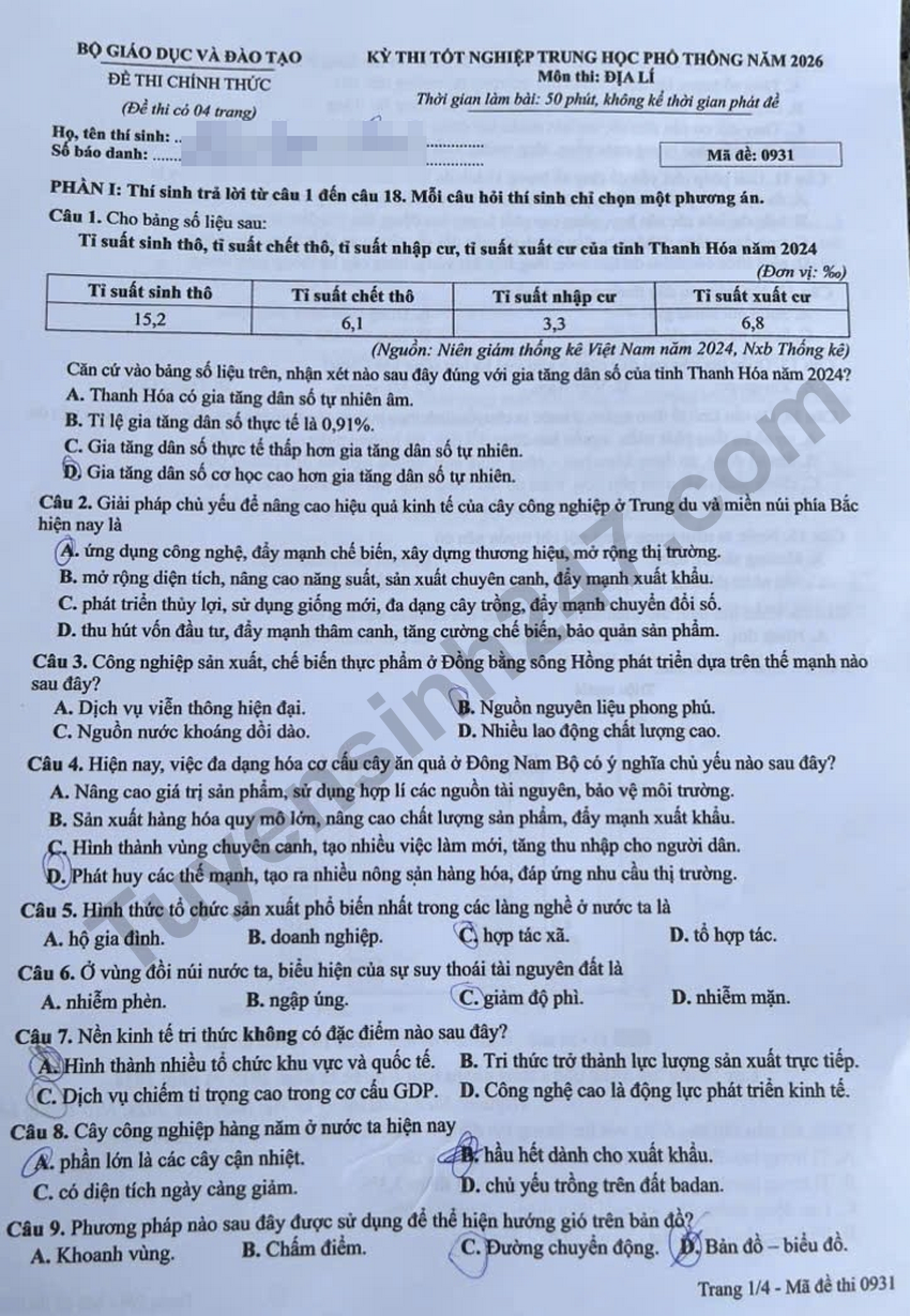 Dap an de thi tot nghiep THPT 2026 mon Dia - Ma de 0931