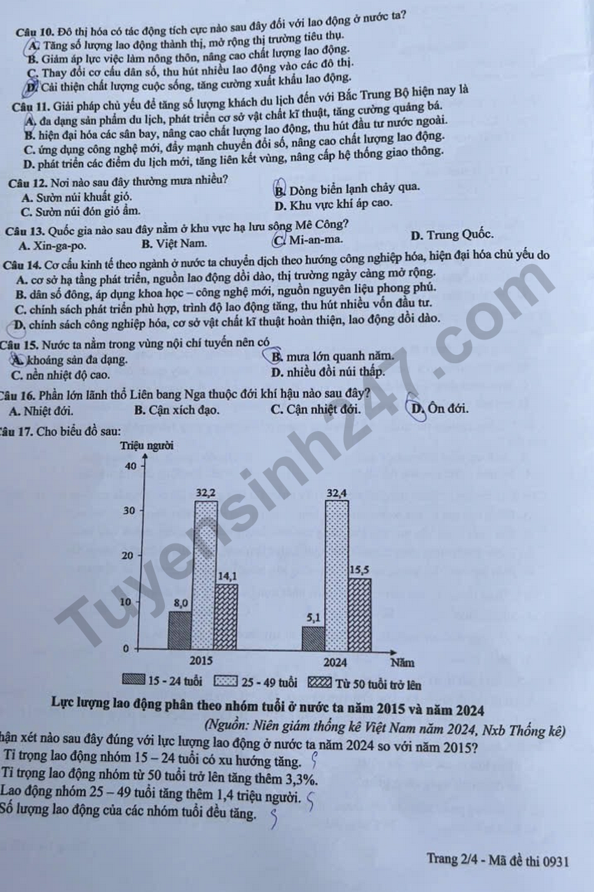 Dap an de thi tot nghiep THPT 2026 mon Dia - Ma de 0931