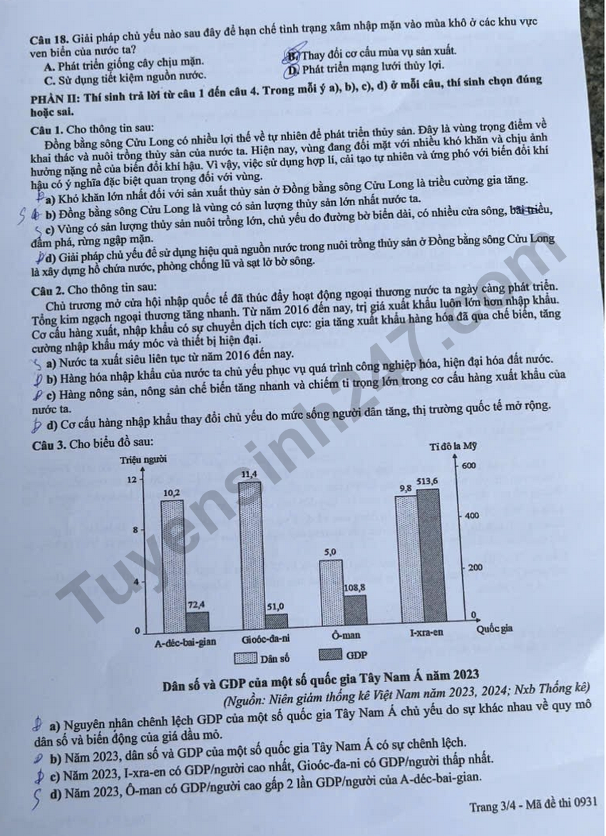 Dap an de thi tot nghiep THPT 2026 mon Dia - Ma de 0931