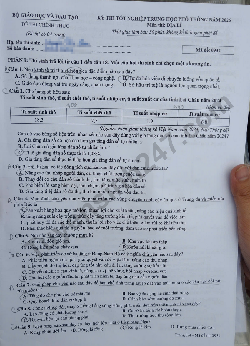 Dap an de thi tot nghiep THPT 2026 mon Dia - Ma de 0934
