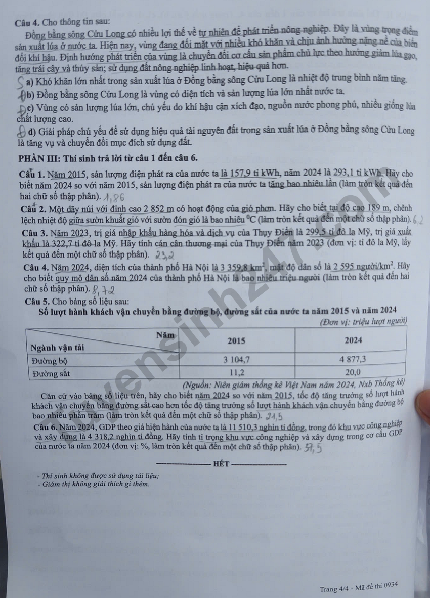 Dap an de thi tot nghiep THPT 2026 mon Dia - Ma de 0934