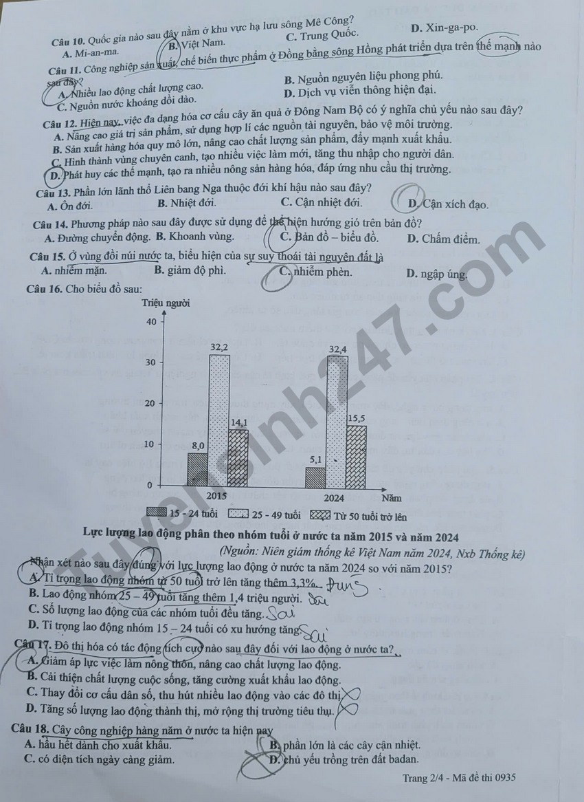 De thi va dap an de thi tot nghiep THPT 2026 mon Dia - Ma de 0935