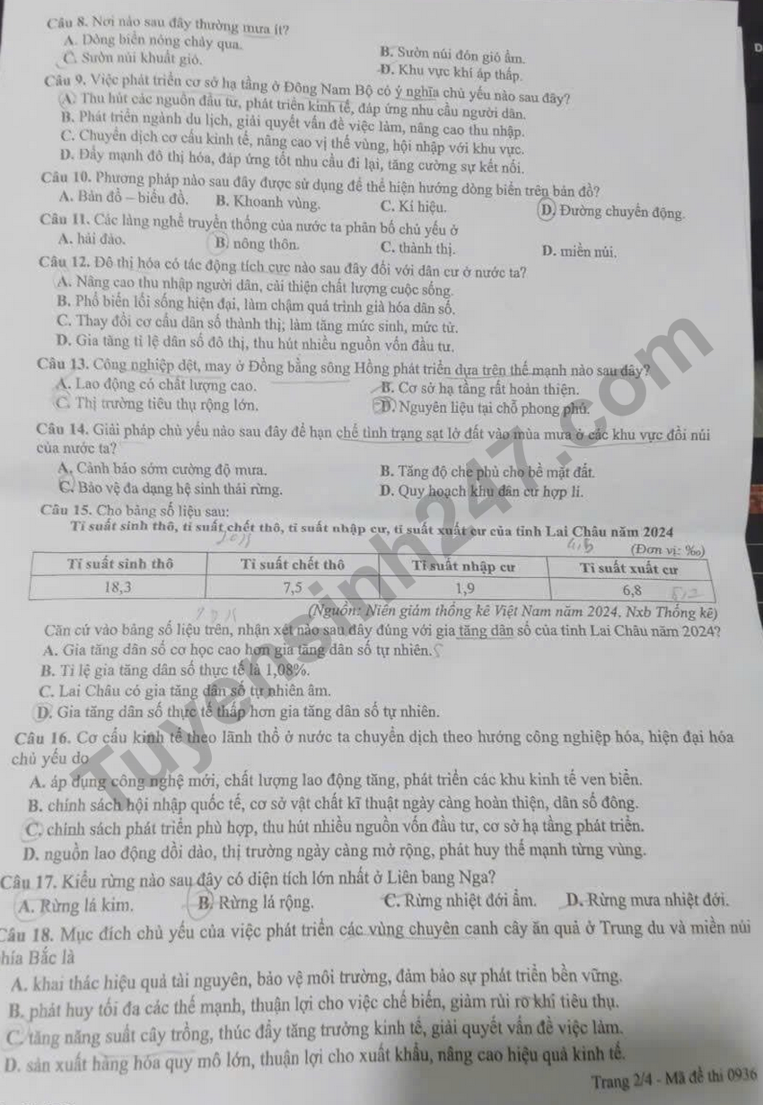 Xem dap an de thi tot nghiep THPT 2026 mon Dia - Ma de 0936