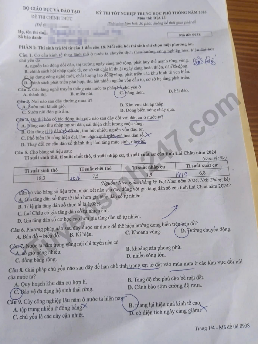 Giai chi tiet va Dap an de thi tot nghiep THPT 2026 mon Dia - Ma de 0938