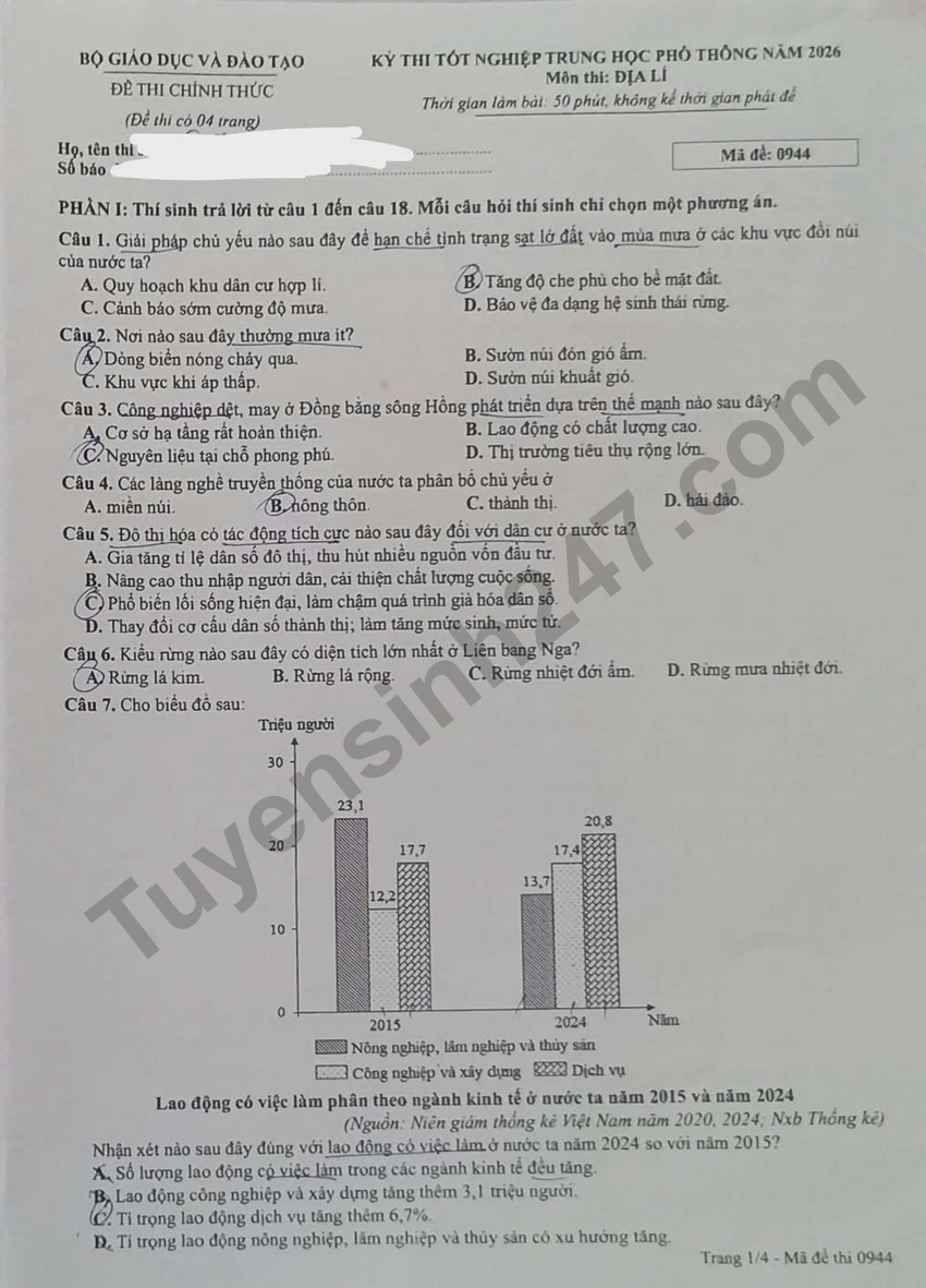 Xem dap an de thi tot nghiep THPT 2026 mon Dia ma de 0944