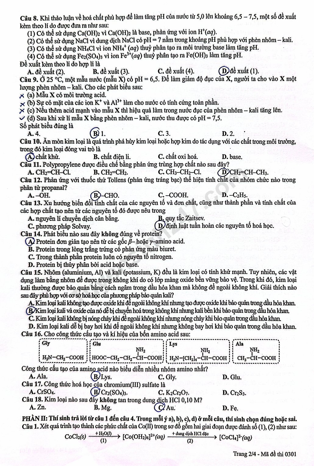 Dap an de thi tot nghiep THPT 2026 mon Hoa - ma de 0301