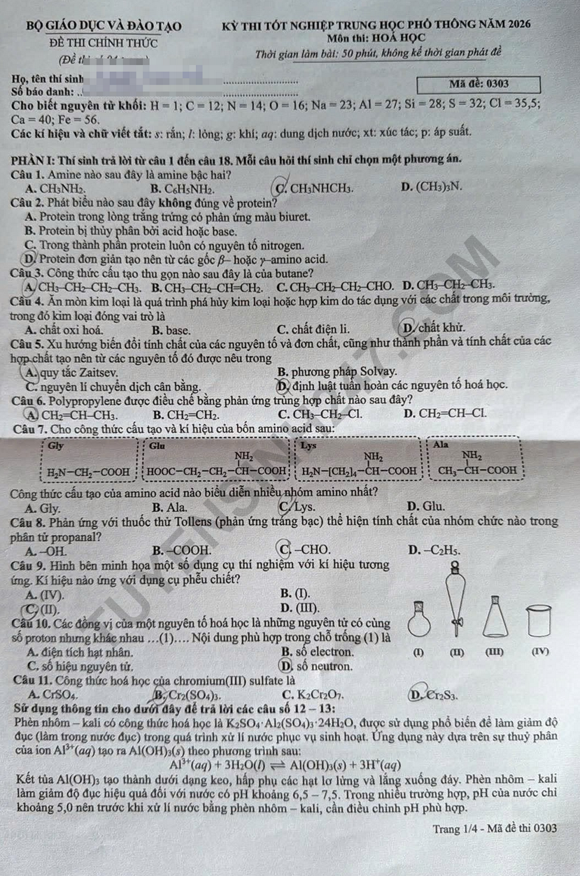 Dap an de thi mon Hoa - ma de 0303 tot nghiep THPT 2026