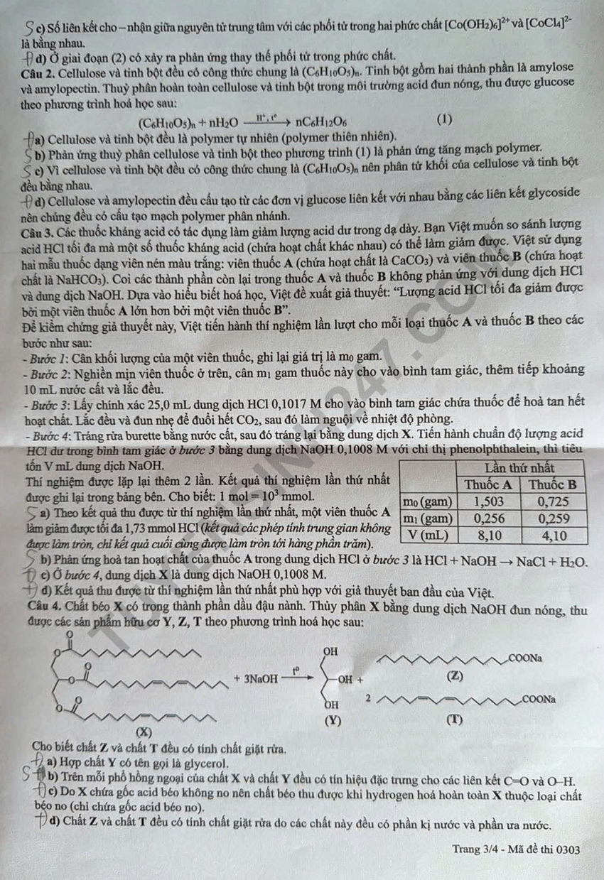 Dap an de thi mon Hoa - ma de 0303 tot nghiep THPT 2026
