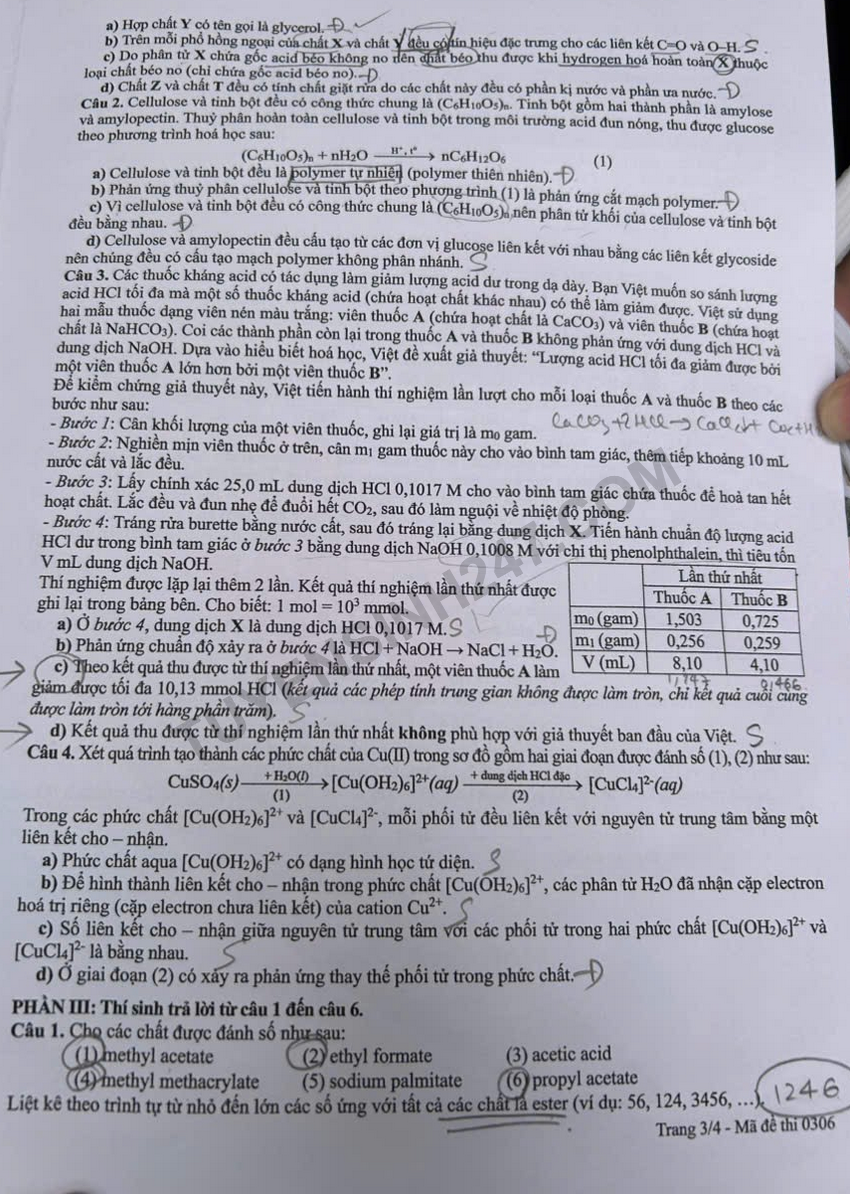 Dap an de thi tot nghiep THPT 2026 mon Hoa - Ma de 0306