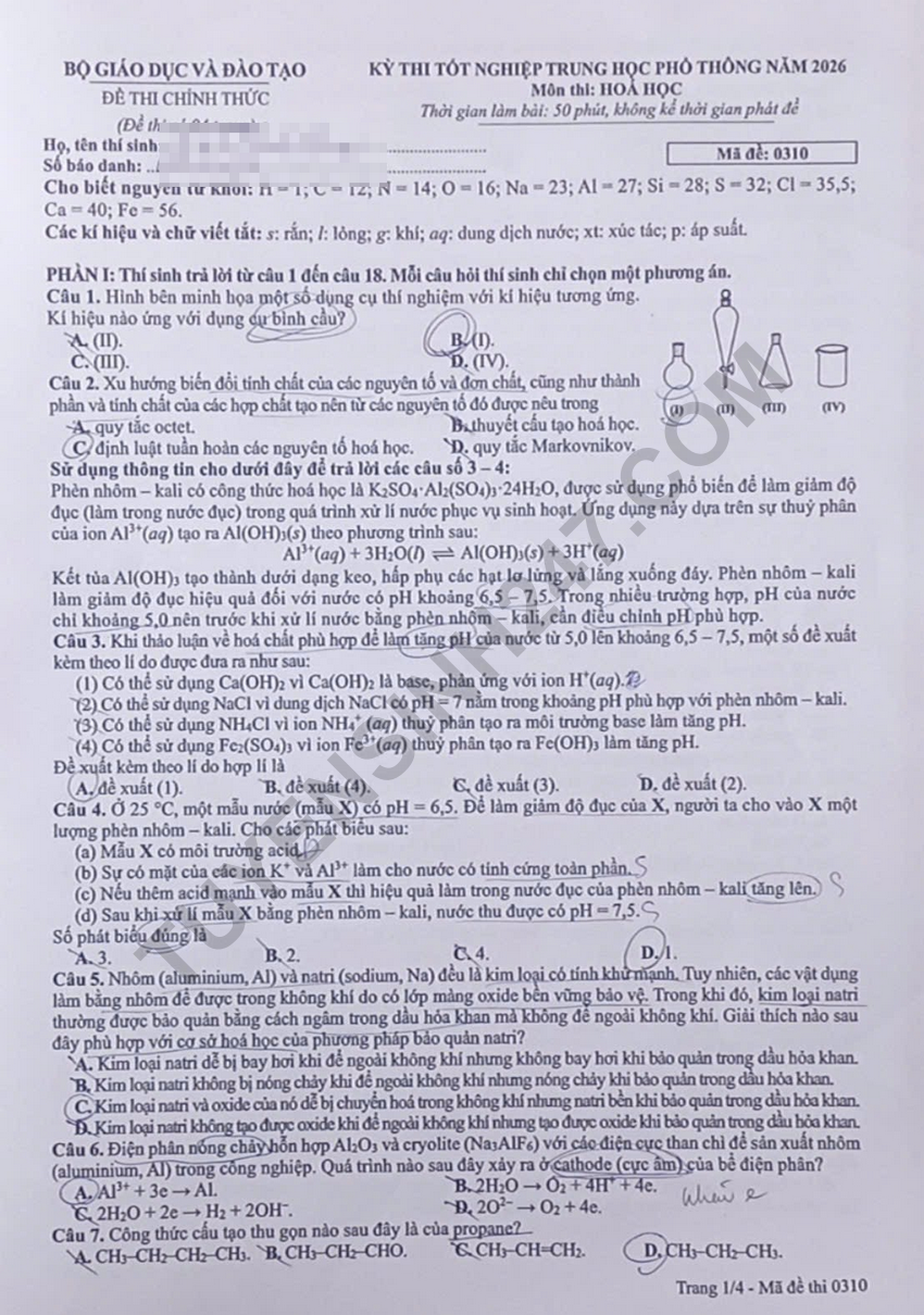 De thi va dap an de thi tot nghiep THPT 2026 mon Hoa - Ma de 0310