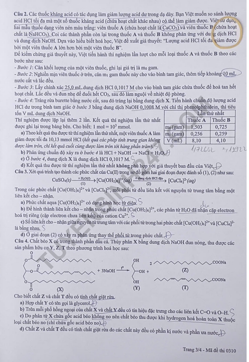 De thi va dap an de thi tot nghiep THPT 2026 mon Hoa - Ma de 0310