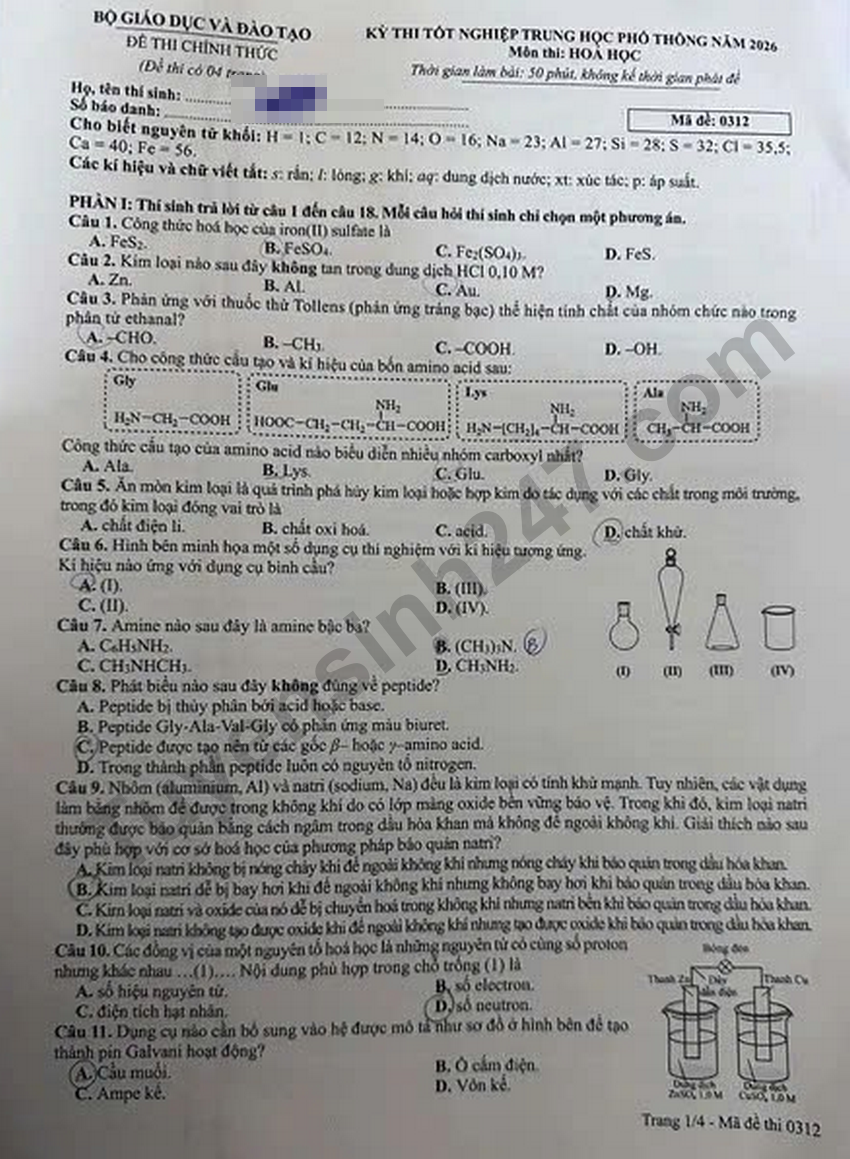 Dap an de thi mon Hoa - Ma de 0312 tot nghiep THPT 2026