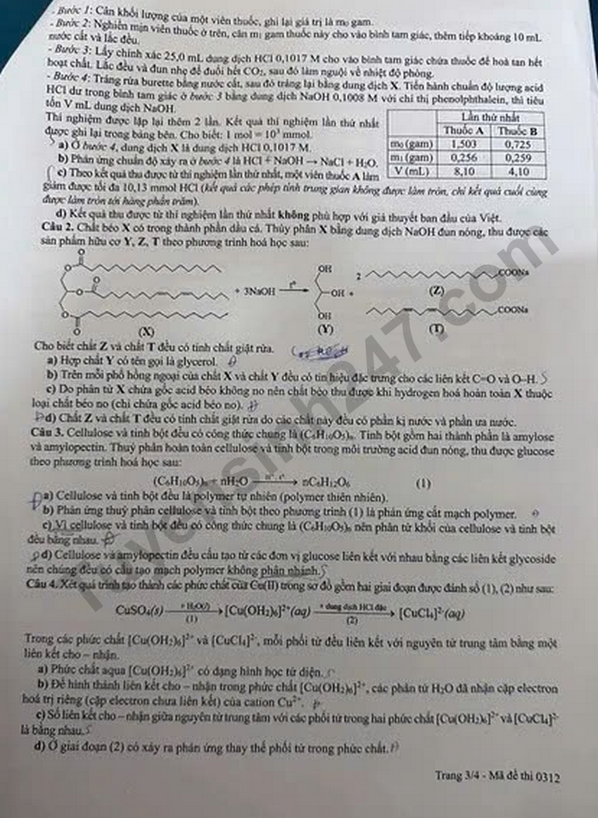 Dap an de thi mon Hoa - Ma de 0312 tot nghiep THPT 2026
