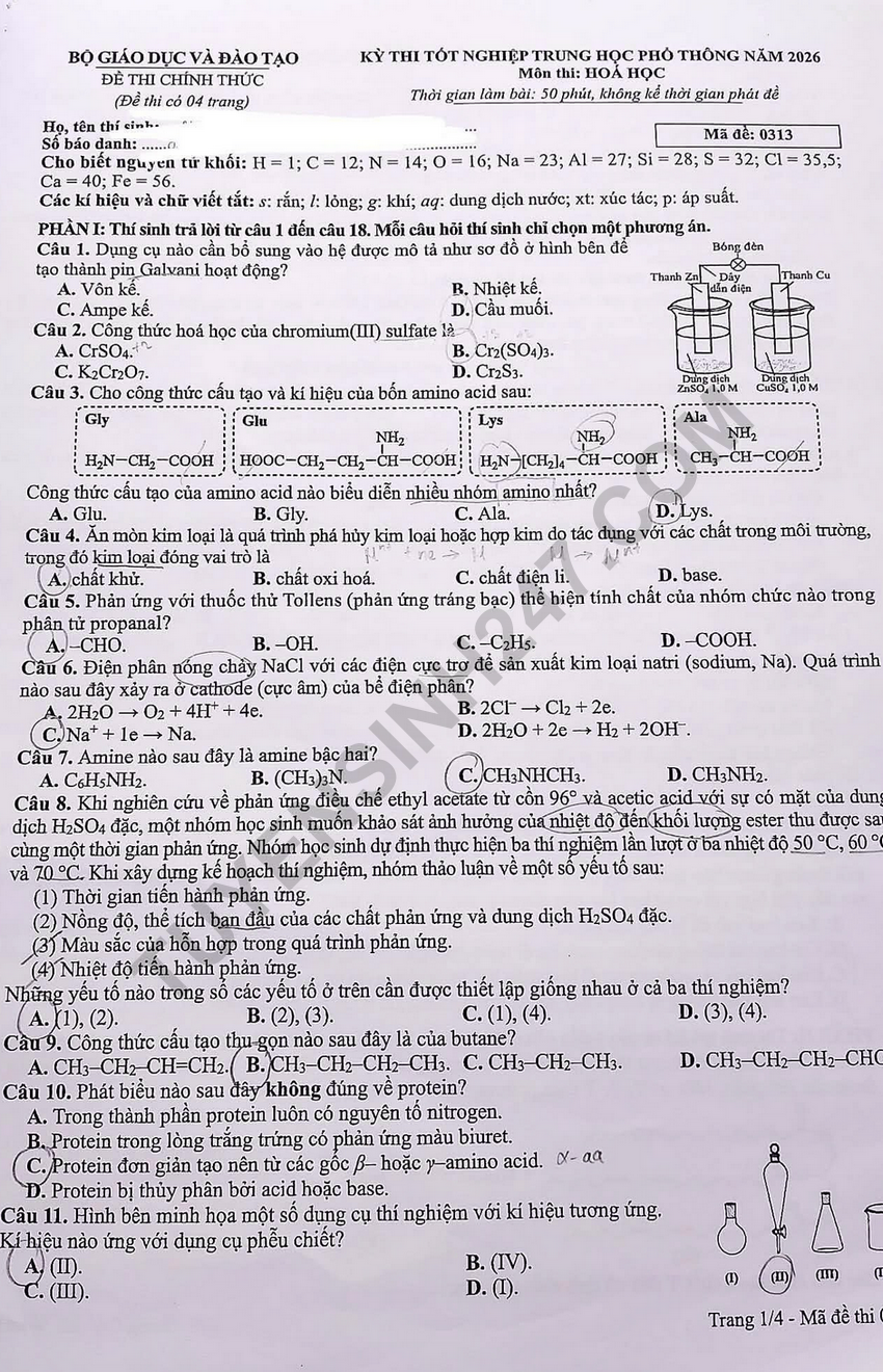 Giai chi tiet va Dap an de thi tot nghiep THPT 2026 mon Hoa - Ma de 0313