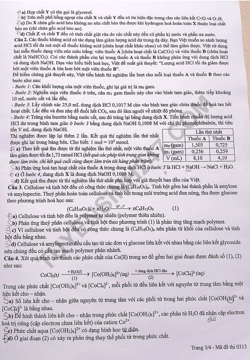 Giai chi tiet va Dap an de thi tot nghiep THPT 2026 mon Hoa - Ma de 0313