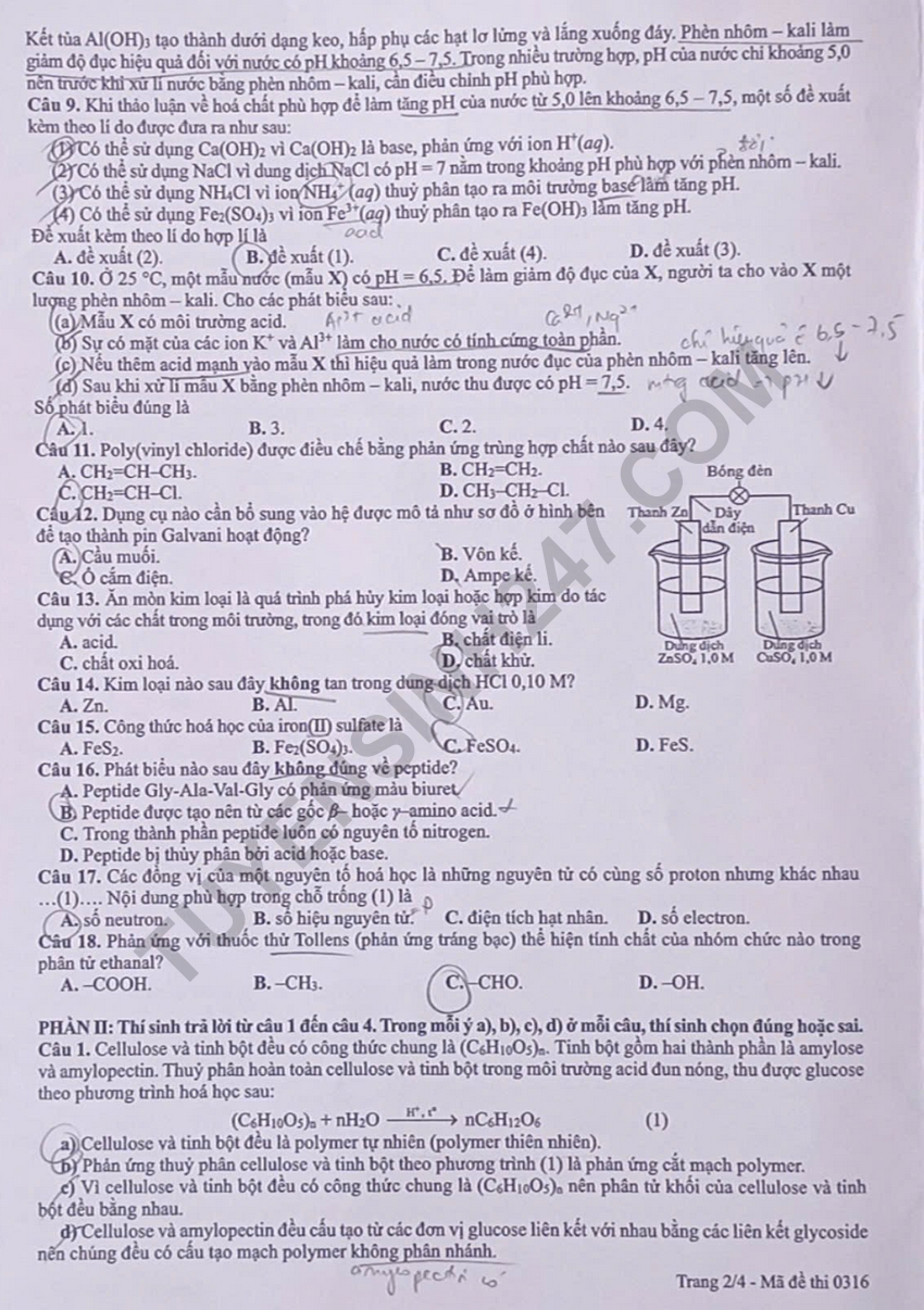 Tron bo dap an de thi tot nghiep THPT 2026 mon Hoa - Ma de 0316