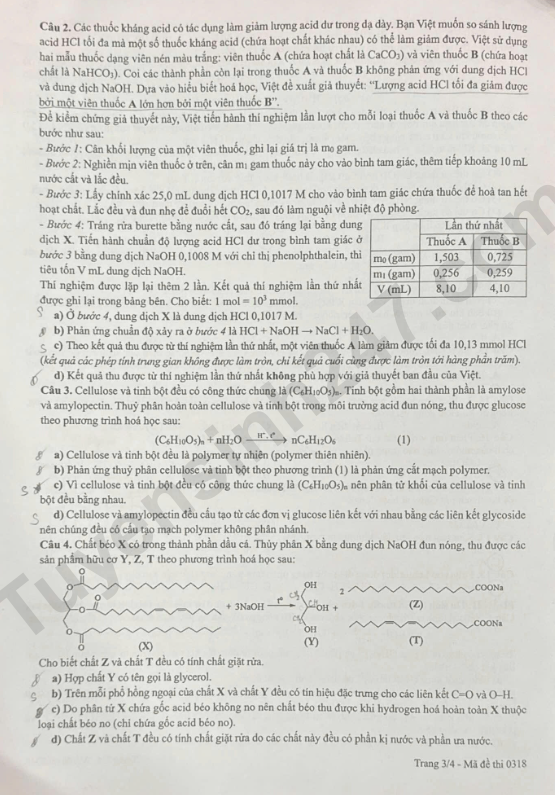 Dap an de thi tot nghiep THPT 2026 mon Hoa - Ma de 0318