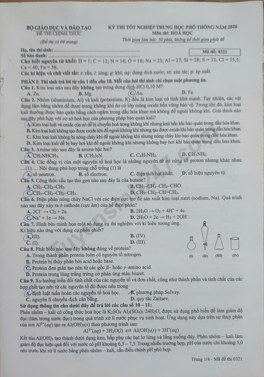 De thi va dap an mon Hoa tot nghiep THPT 2026 - Ma de 0321