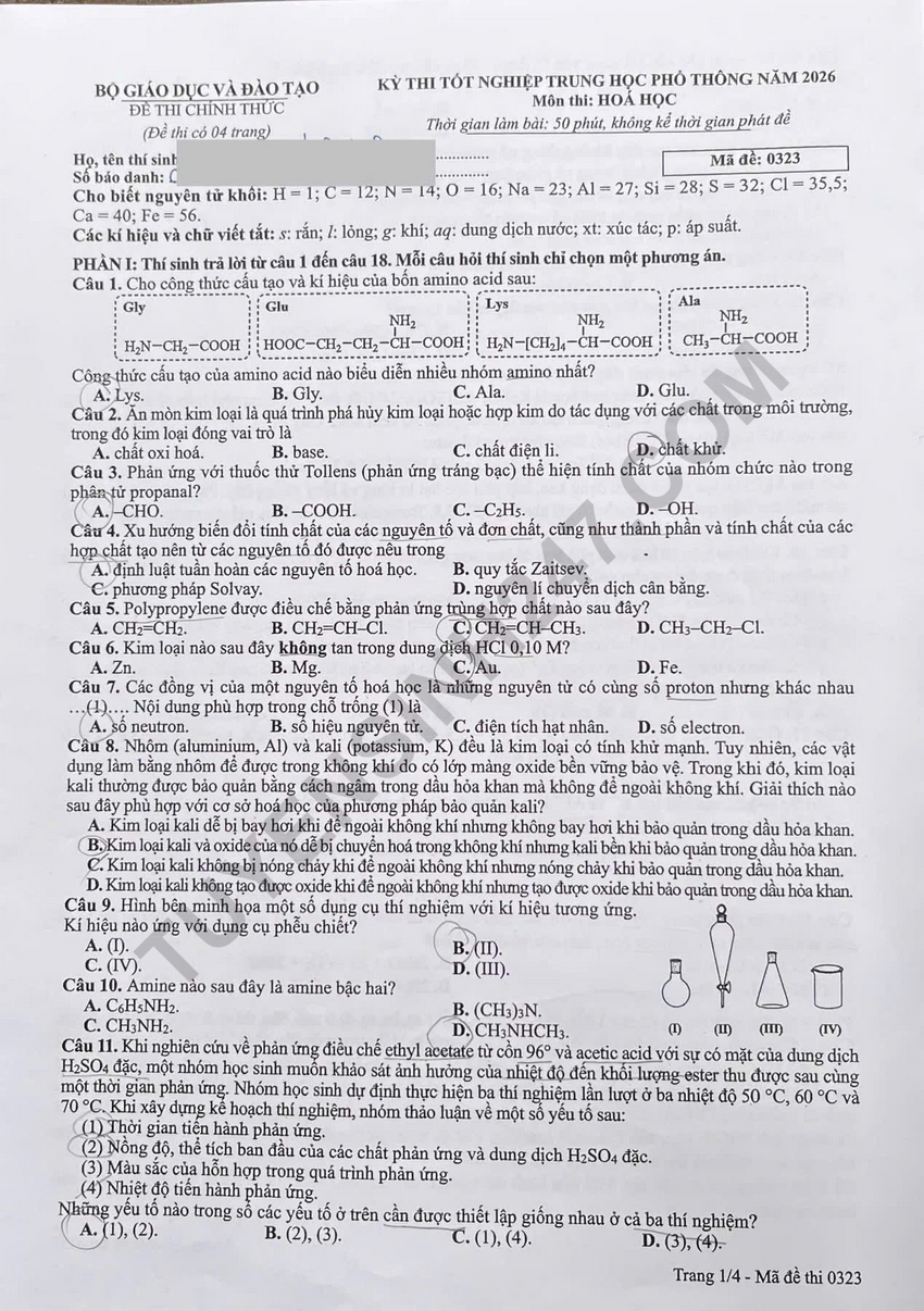 Cap nhat dap an de thi tot nghiep THPT 2026 mon Hoa - Ma de 0323