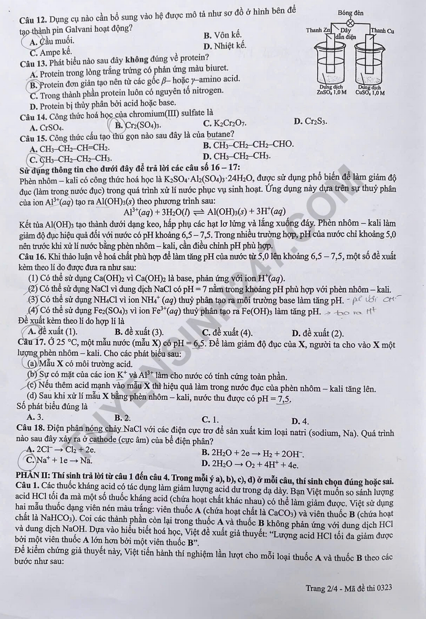Cap nhat dap an de thi tot nghiep THPT 2026 mon Hoa - Ma de 0323