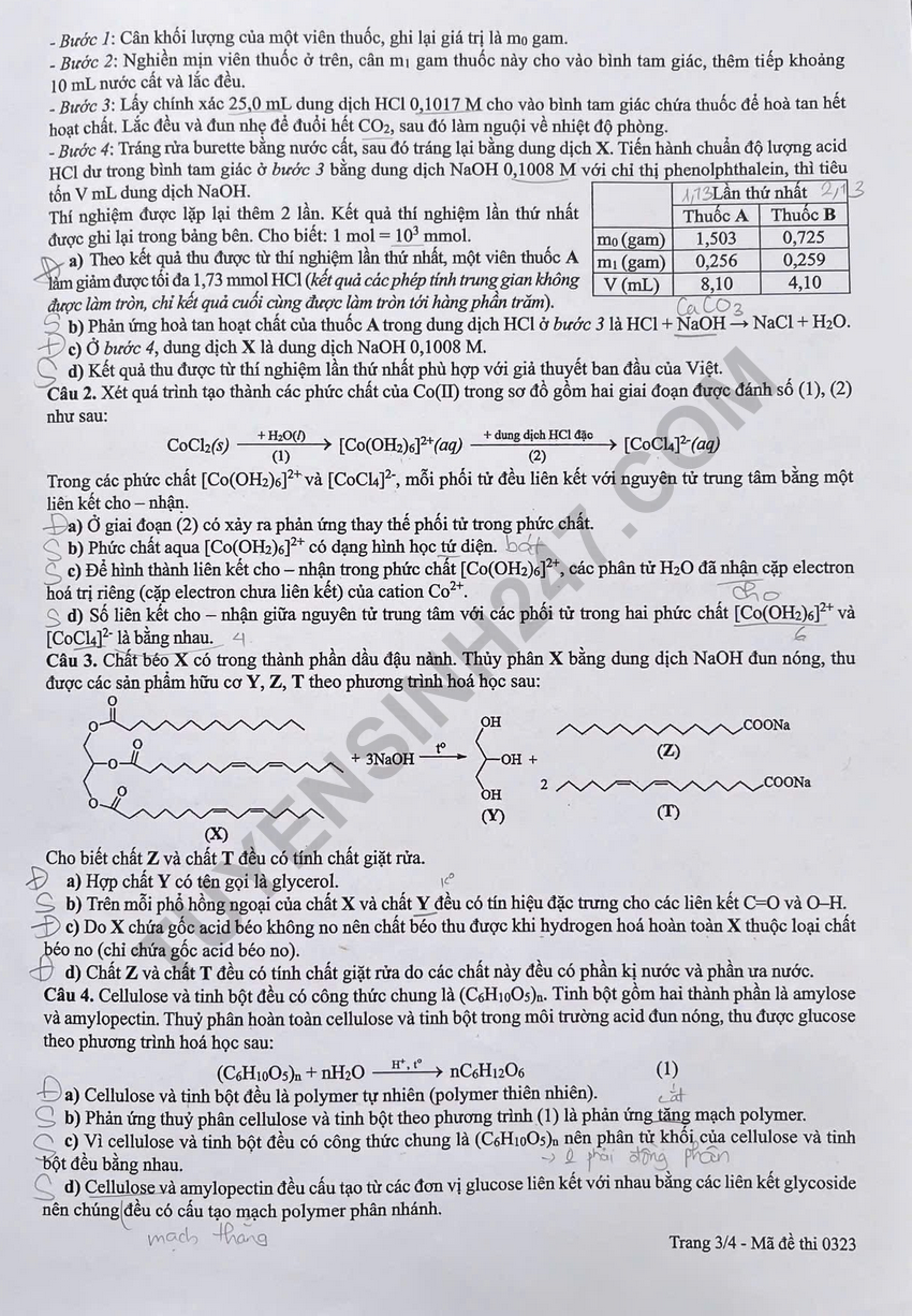 Cap nhat dap an de thi tot nghiep THPT 2026 mon Hoa - Ma de 0323