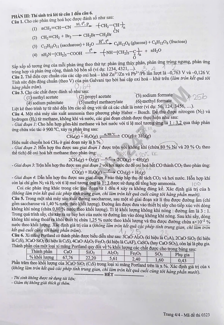 Cap nhat dap an de thi tot nghiep THPT 2026 mon Hoa - Ma de 0323