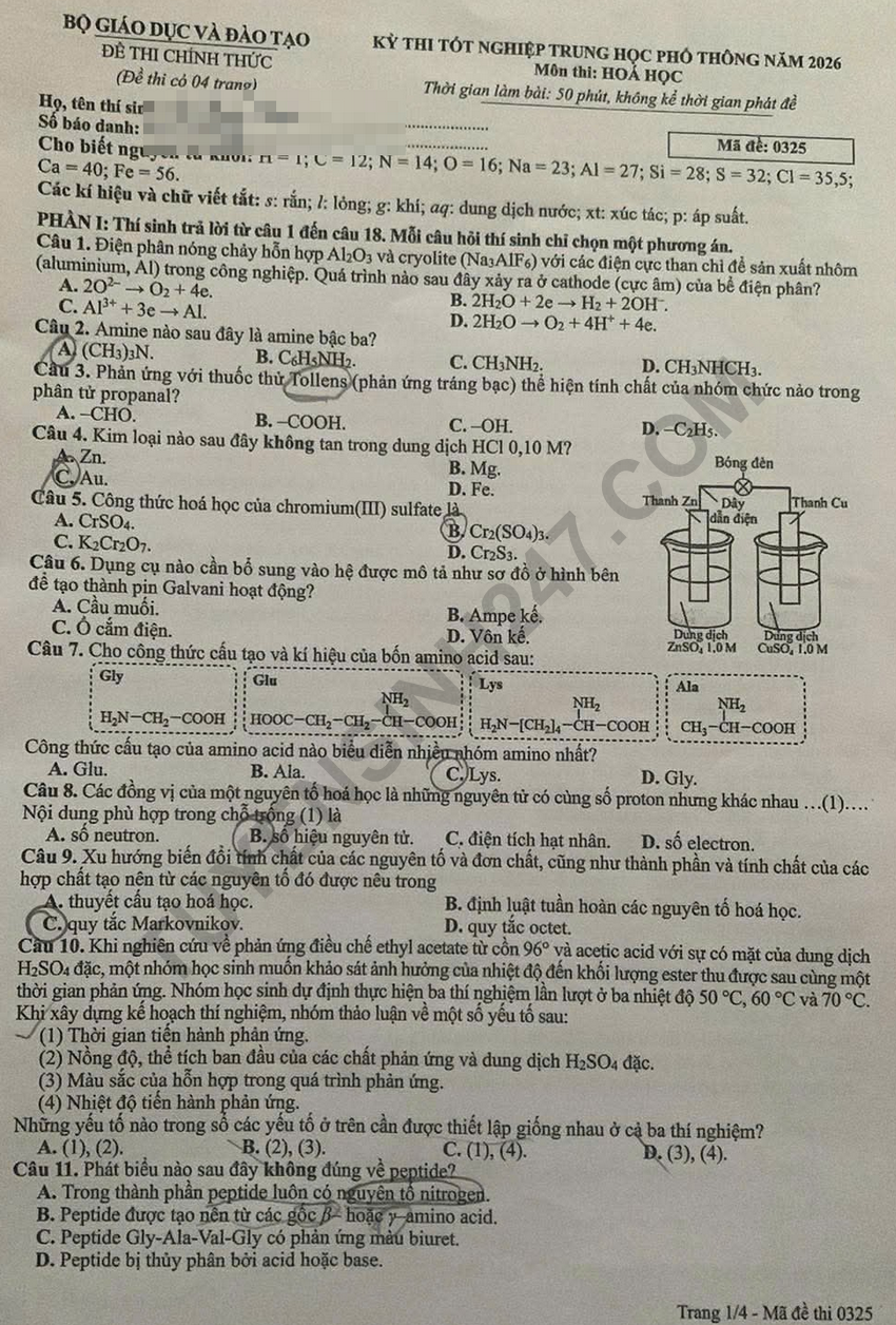 Tra cuu dap an de thi tot nghiep THPT 2026 mon Hoa ma de 0325