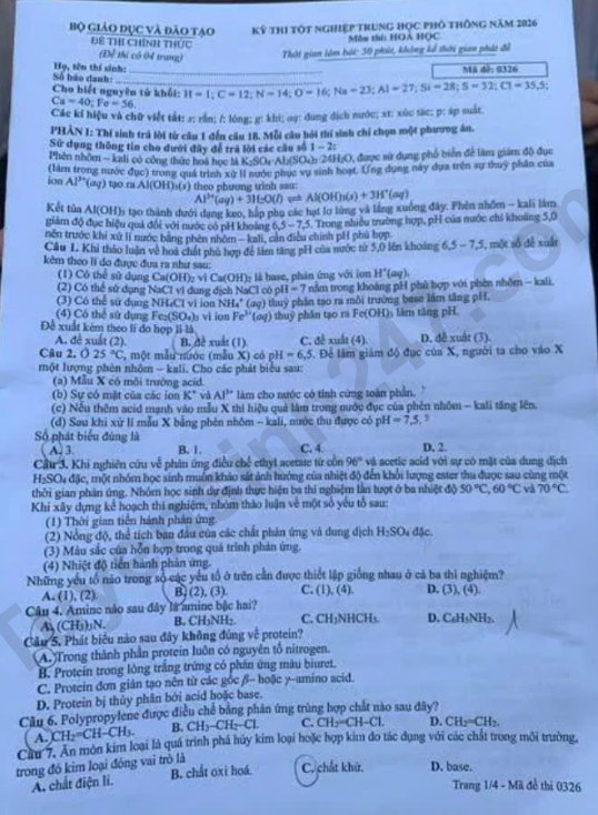 Dap an chi tiet de thi tot nghiep THPT 2026 mon Hoa - Ma de 0326