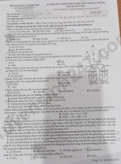 De thi tot nghiep THPT 2026 mon Hoa ma de 0327 co dap an