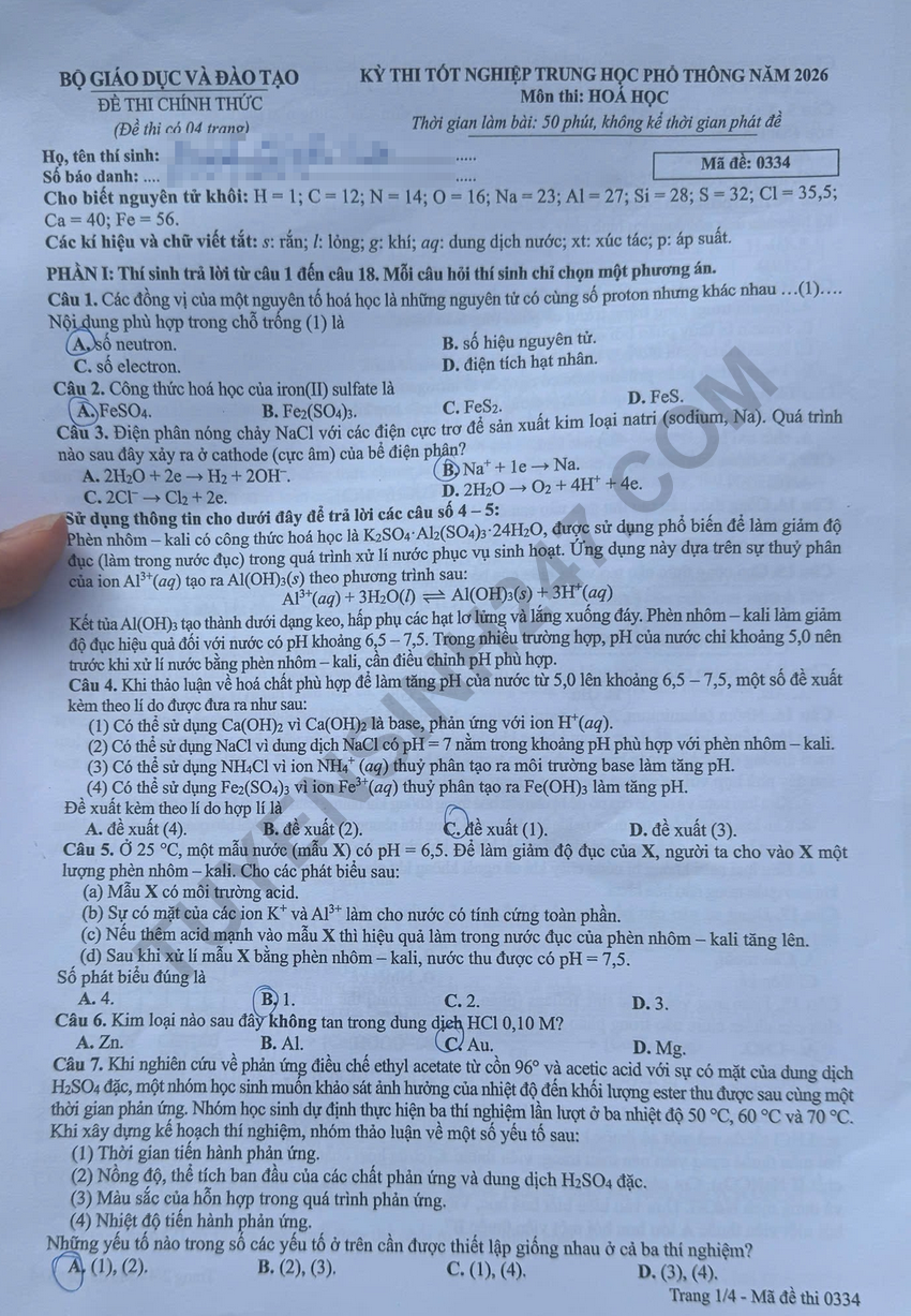 Dap an de thi tot nghiep THPT 2026 mon Hoa - Ma de 0334