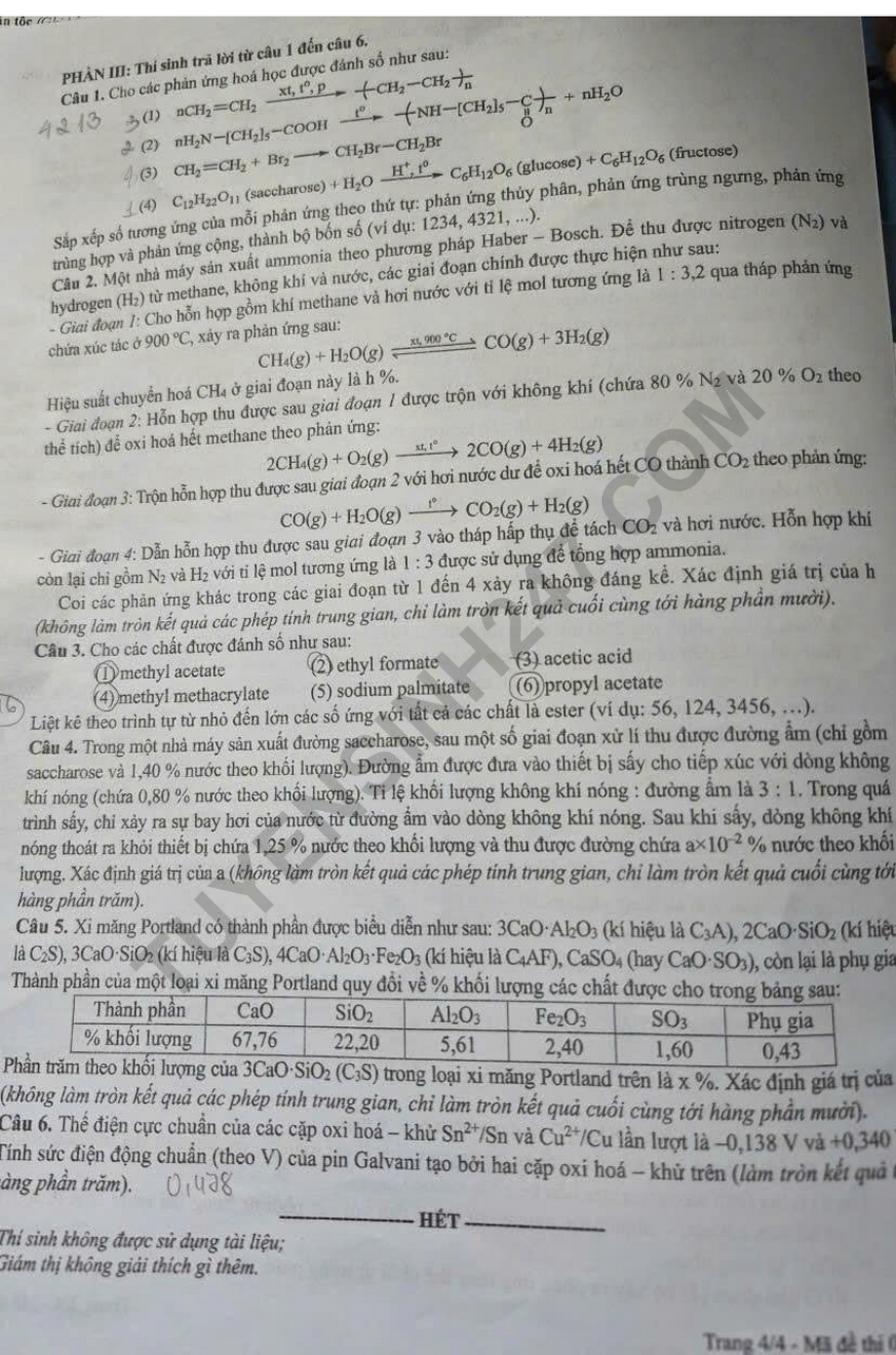 Dap an de thi tot nghiep THPT 2026 mon Hoa - Ma de 0335 chi tiet