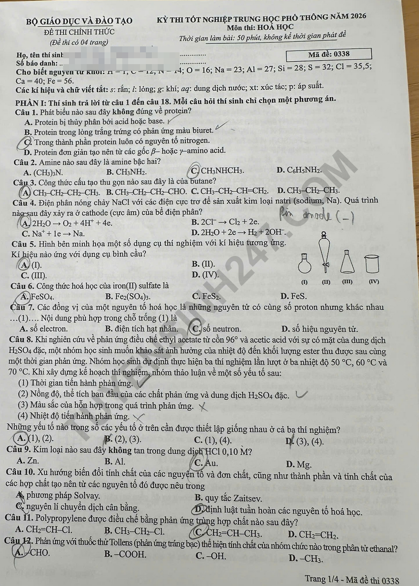 De thi va dap an de thi tot nghiep THPT 2026 mon Hoa - Ma de 0338