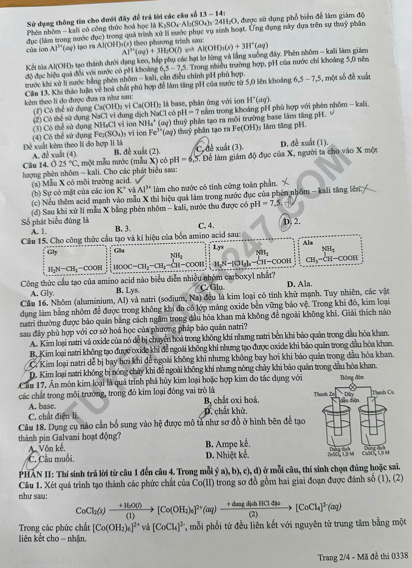 De thi va dap an de thi tot nghiep THPT 2026 mon Hoa - Ma de 0338