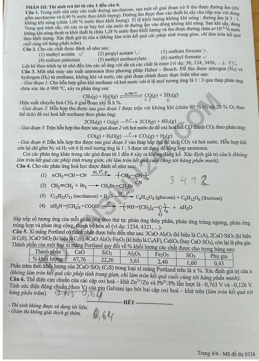 De thi va dap an de thi tot nghiep THPT 2026 mon Hoa - Ma de 0338
