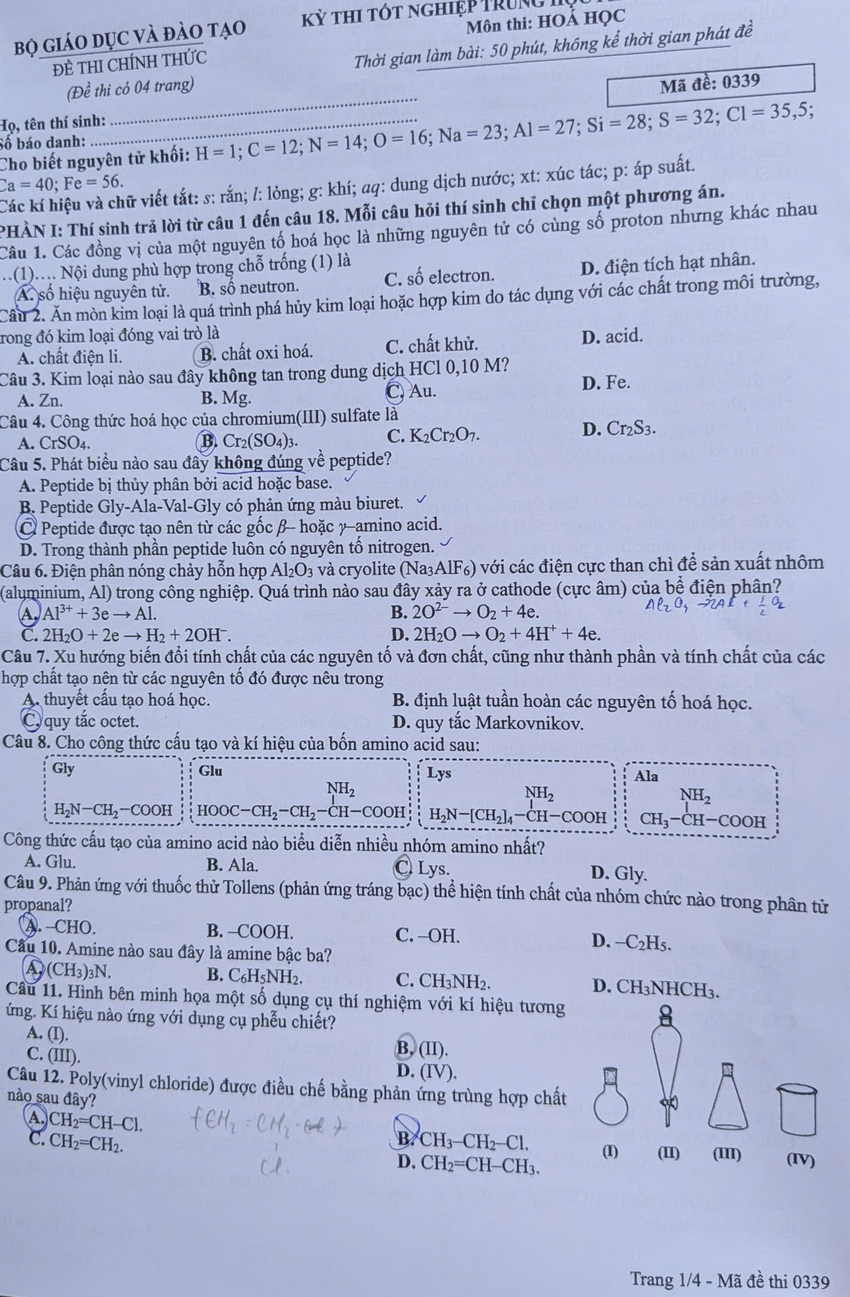 Xem dap an de thi tot nghiep THPT 2026 mon Hoa - Ma de 0339