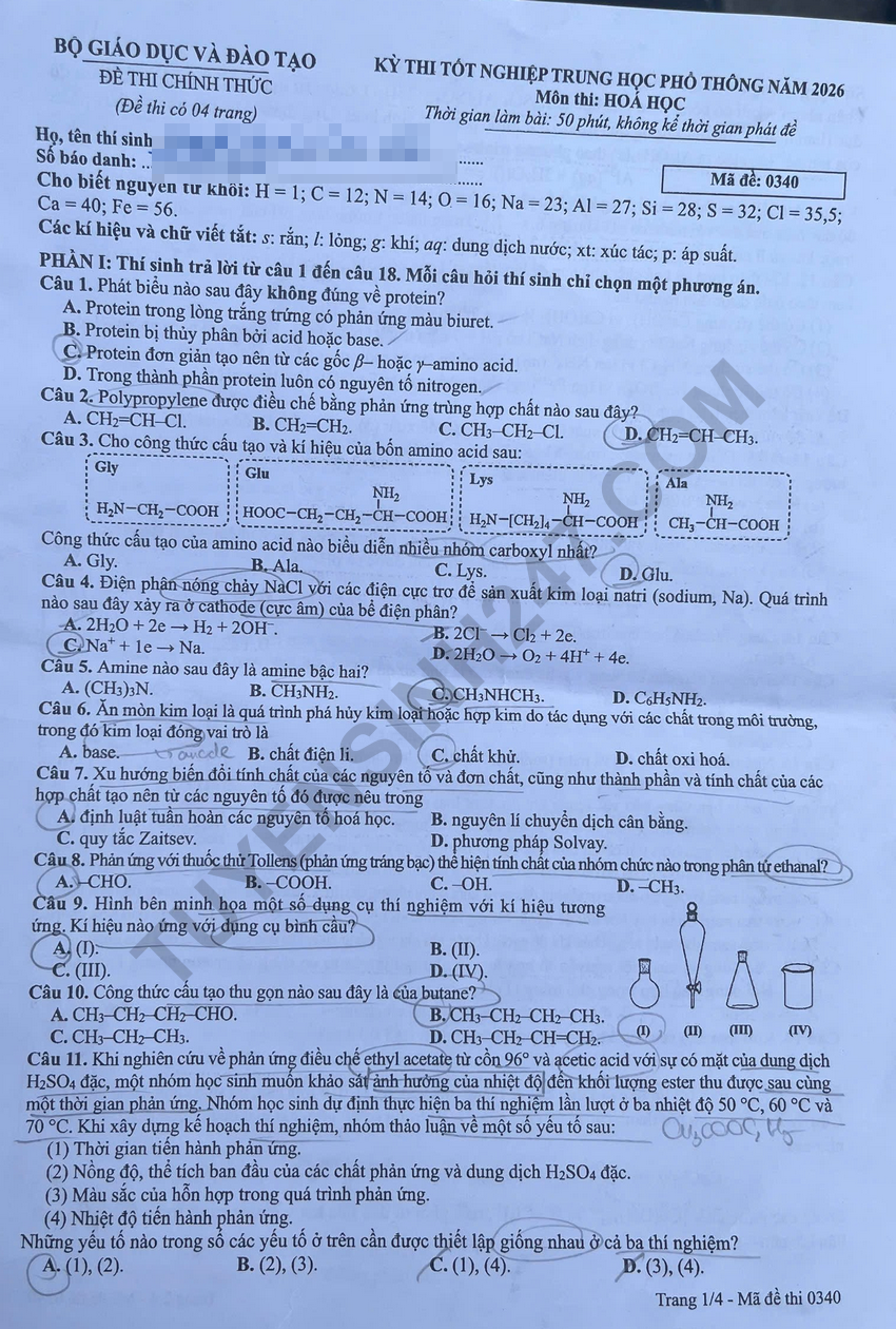 Dap an de thi mon Hoa - Ma de 0340 tot nghiep THPT 2026