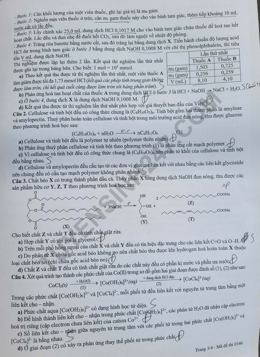 Dap an de thi tot nghiep THPT 2026 mon Hoa - Ma de 0346