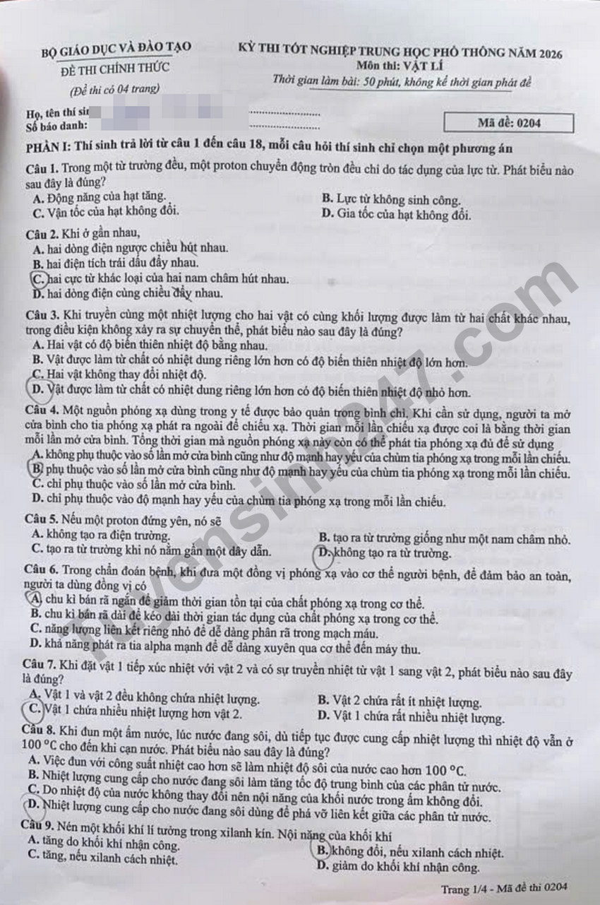 Dap an mon Ly ky thi tot nghiep THPT 2026 ma de 0204