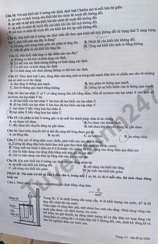 Dap an mon Ly ky thi tot nghiep THPT 2026 ma de 0204