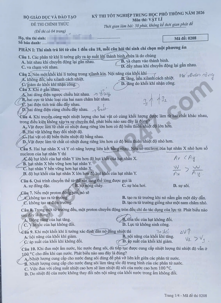 Dap an moi nhat de thi tot nghiep THPT 2026 mon Ly ma de 0208