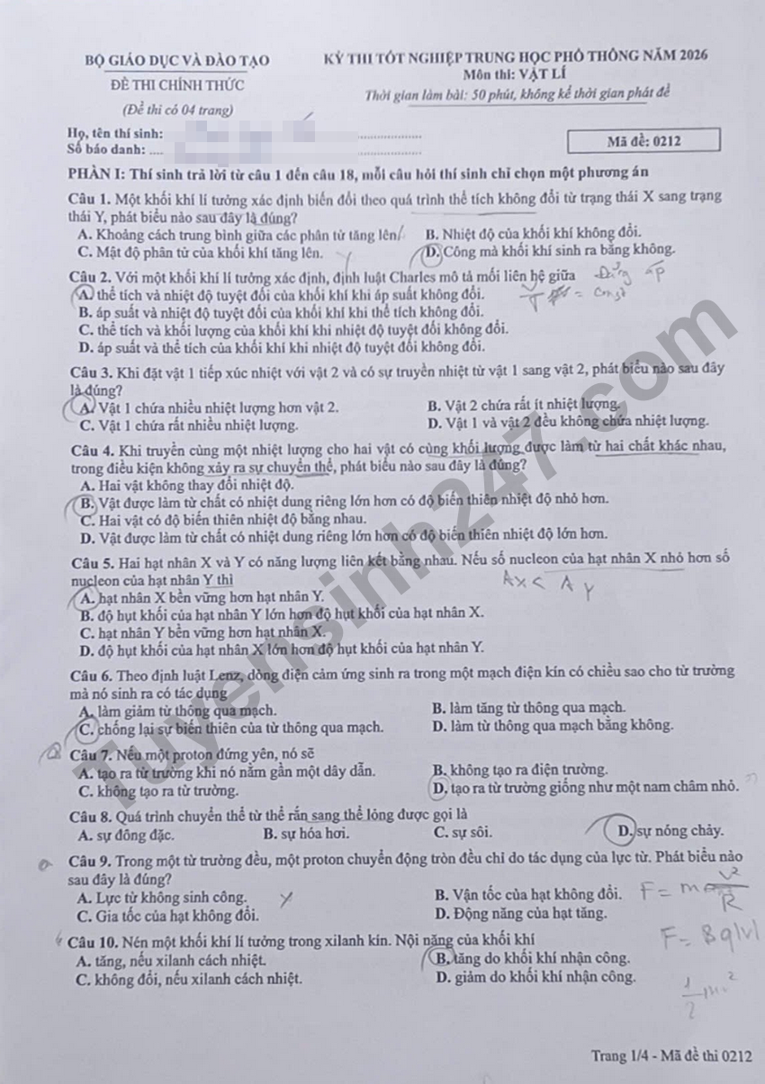 Dap an de thi tot nghiep THPT 2026 mon Ly - Ma de 0212