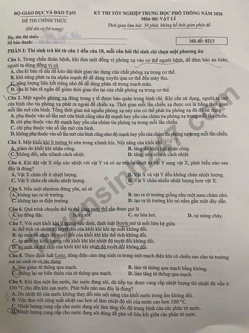 Day du dap an de thi mon Ly tot nghiep THPT 2026 - Ma de 0213