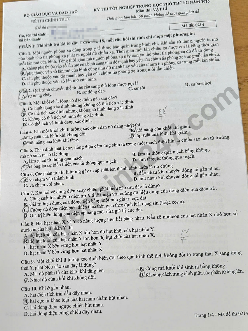 Dap an de thi tot nghiep THPT 2026 mon Ly - Ma de 0214