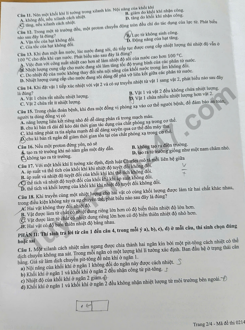 Dap an de thi tot nghiep THPT 2026 mon Ly - Ma de 0214