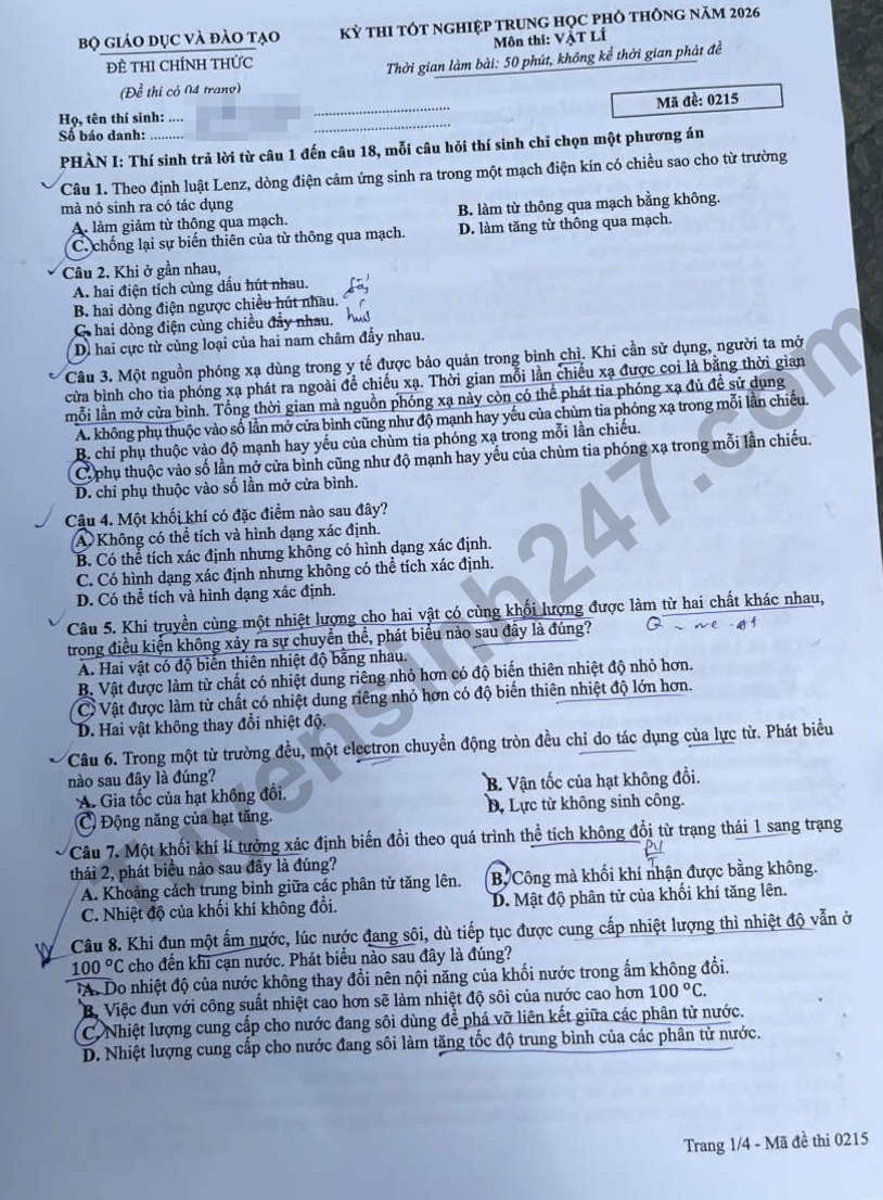 Dap an de thi tot nghiep THPT 2026 mon Ly - Ma de 0215 chi tiet