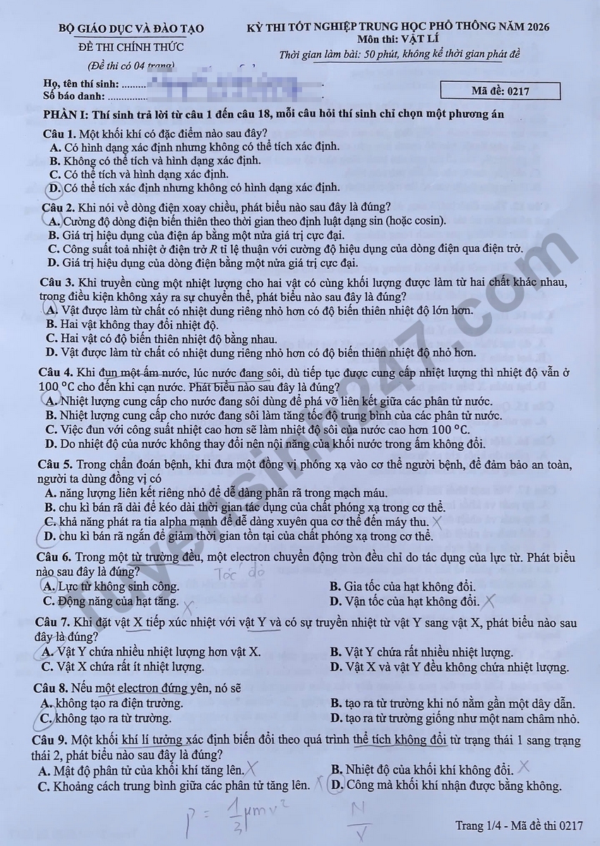 Dap an de thi tot nghiep THPT 2026 mon Ly - Ma de 0217
