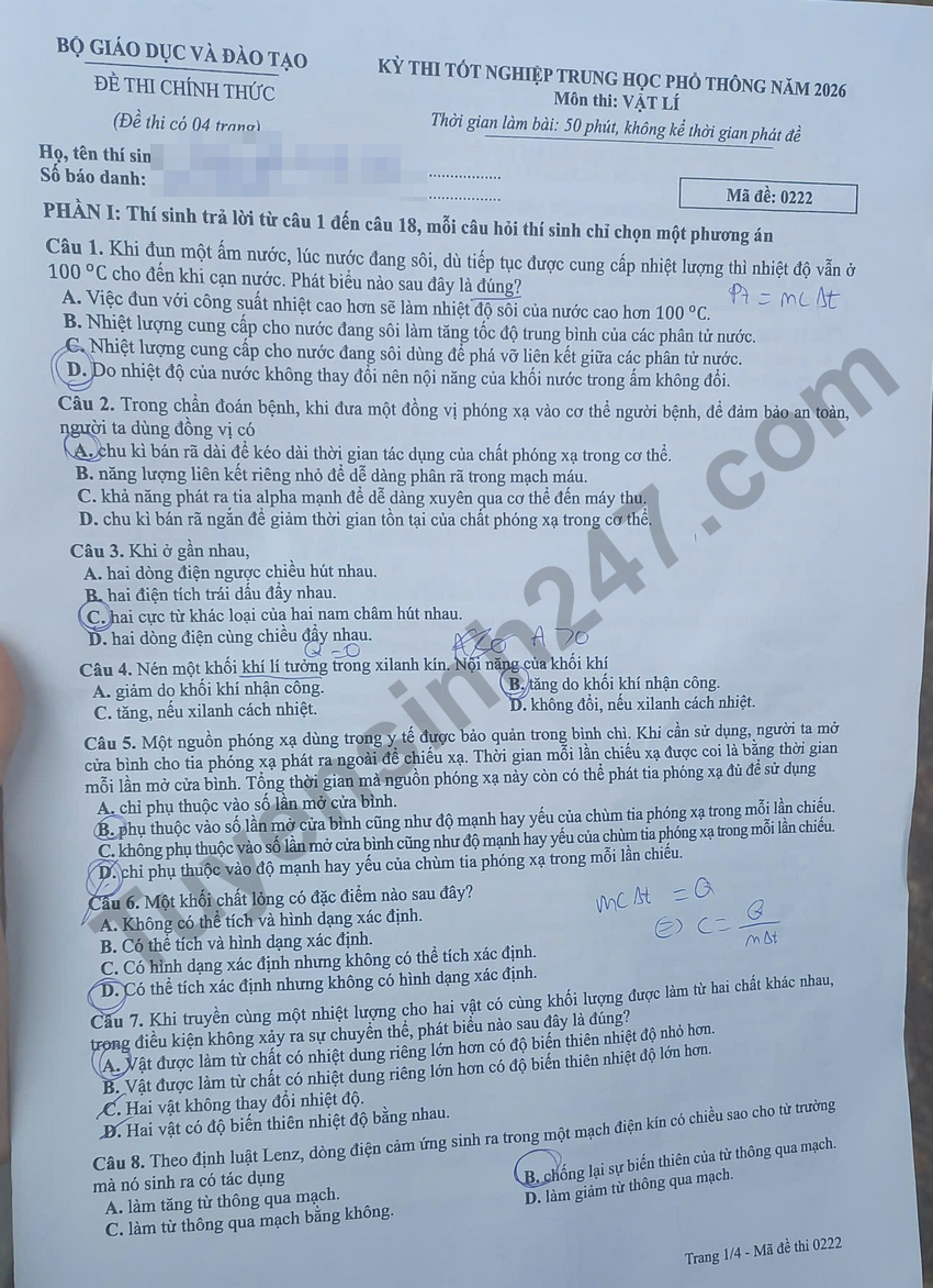Dap an de thi tot nghiep THPT 2026 mon Ly - Ma de 0222